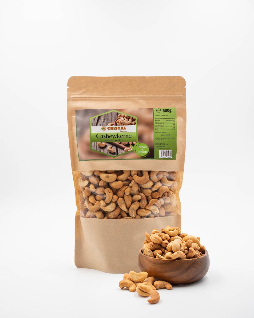 Serviervorschlag: 500g gesalzene Cashewkerne aus Vietnam – Cristal Organics als gesunder Snack