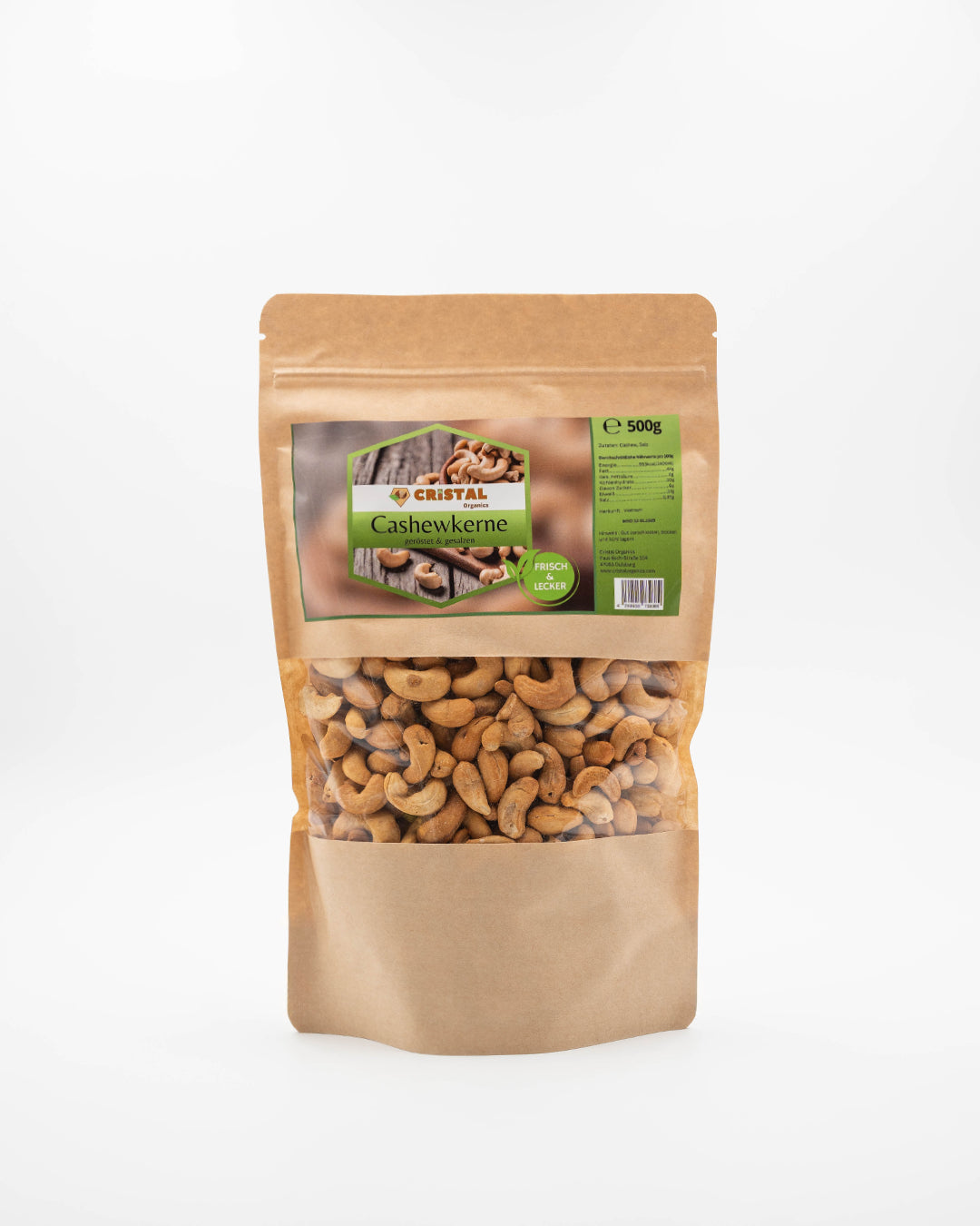500g gesalzene Premium Cashewkerne aus Vietnam – Cristal Organics Verpackung Vorderseite, wiederverschließbar