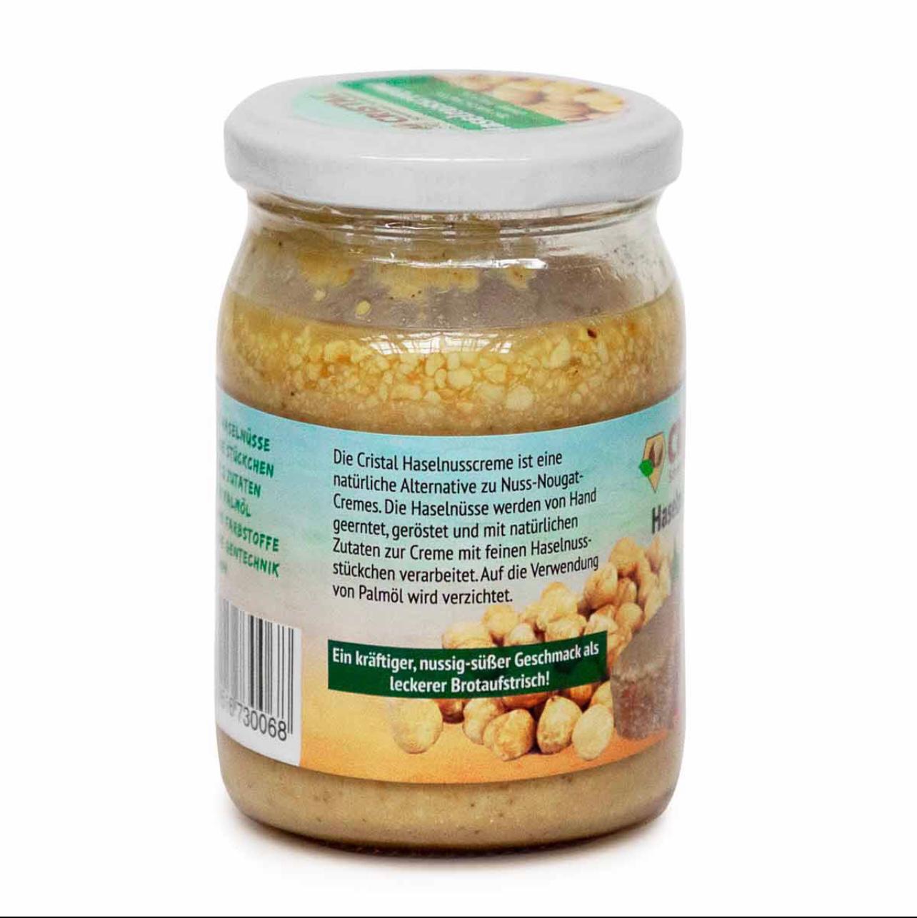 Seitenansicht der Cirstal Organics Haselnusscreme mit 100% natürlichen Zutaten - perfekt als Brotaufstrich oder für Smoothies