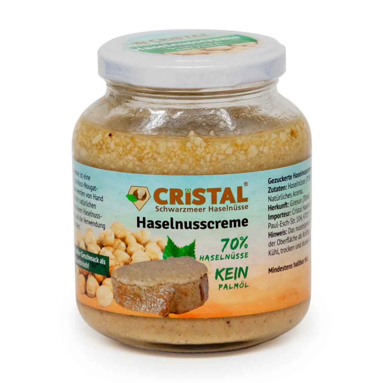 Haselnusscreme von Cristal Organics – Vorderseite der Verpackung, natürlicher Brotaufstrich mit Haselnüssen