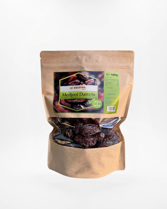 1000g Medjool Datteln in Premiumqualität – Vorderseite der wiederverschließbaren Verpackung von Cristal Organics